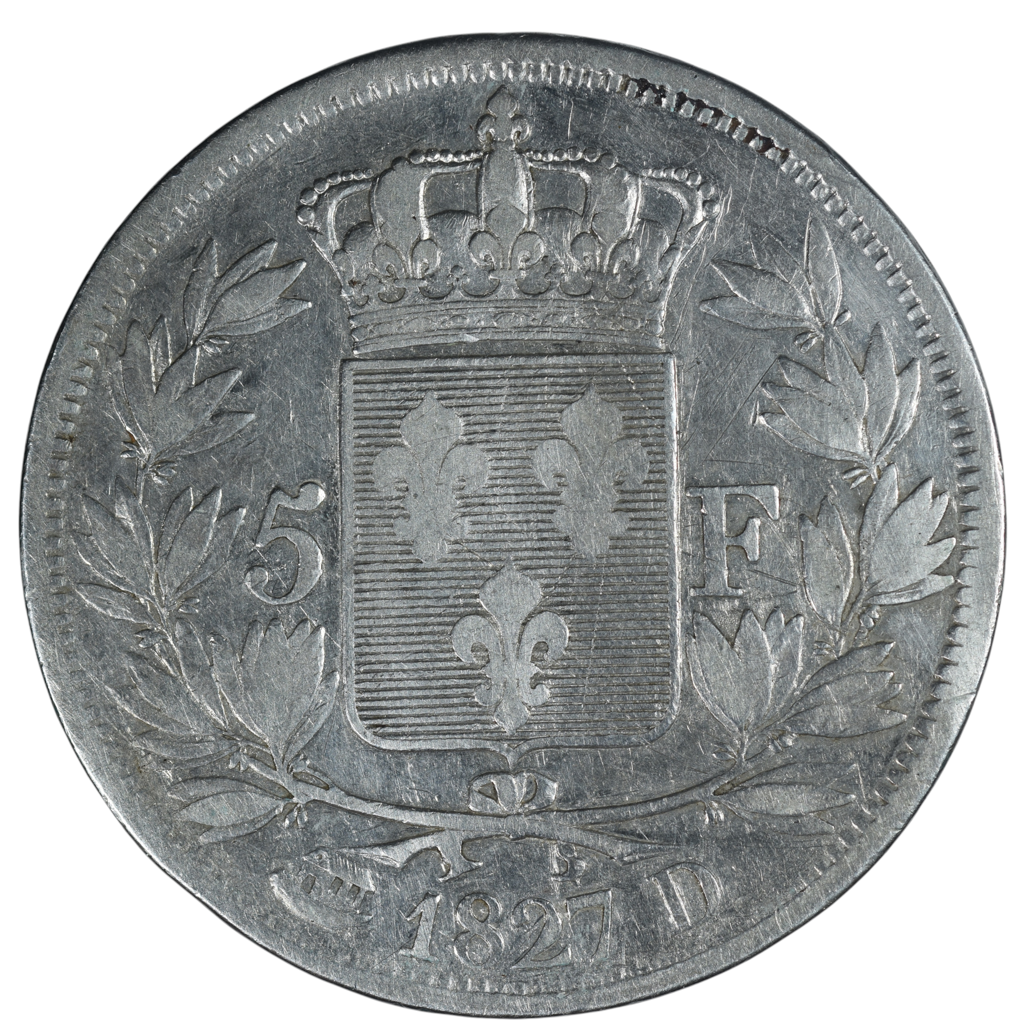 CHARLES X 5 FRANCS 1827 LYON REVERS