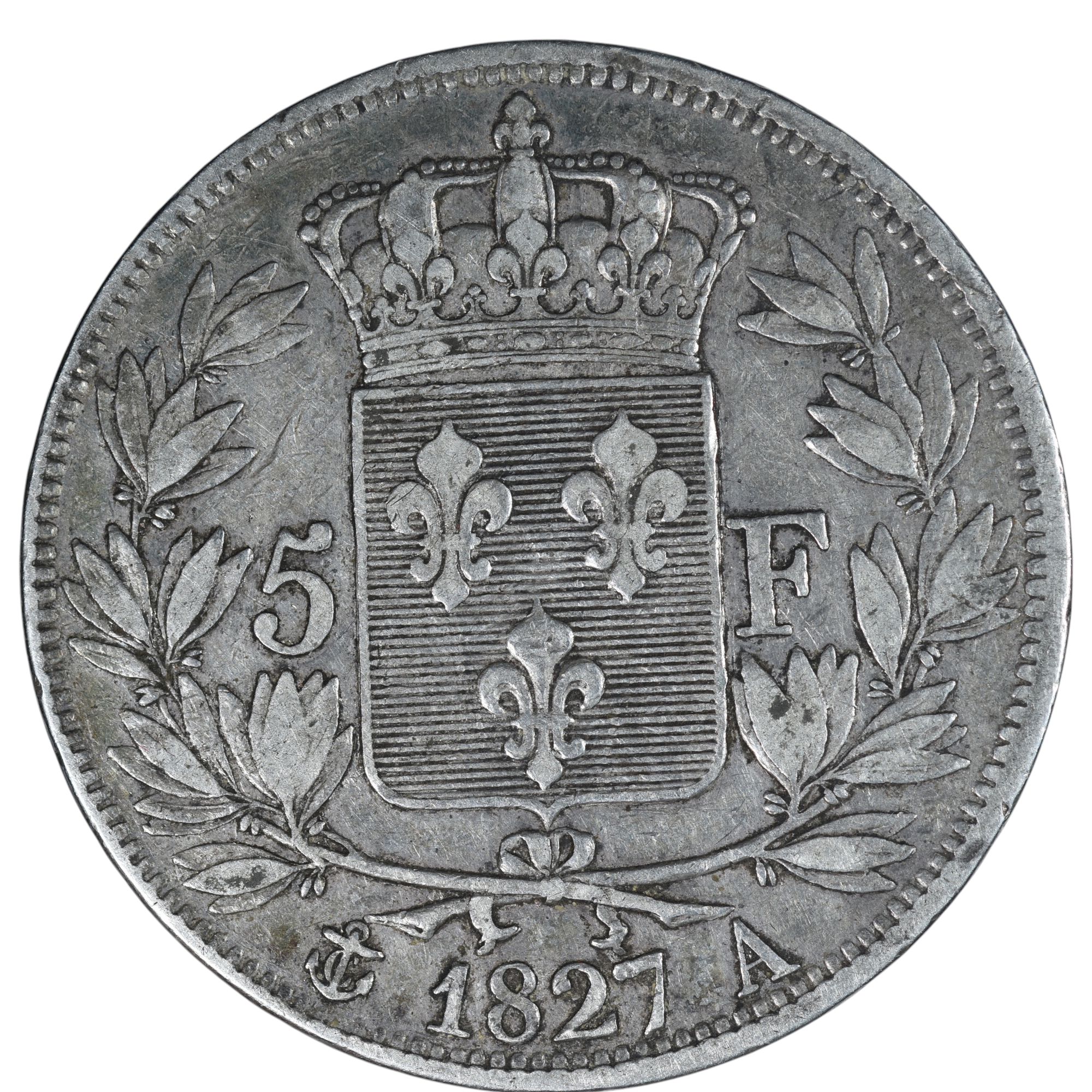 CHARLES X 5 FRANCS 1827 PARIS REVERS