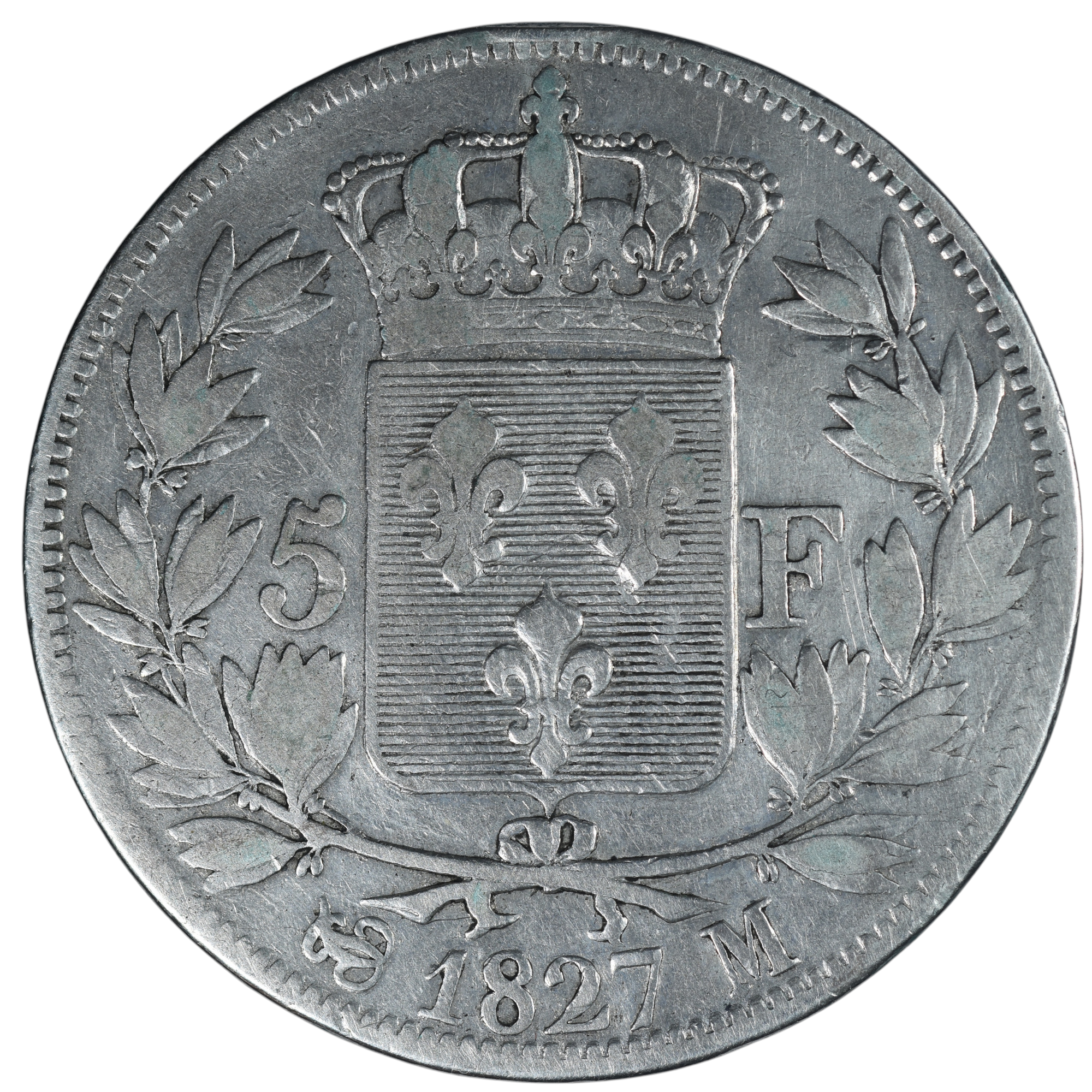 CHARLES X 5 FRANCS 1827 TOULOUSE REVERS