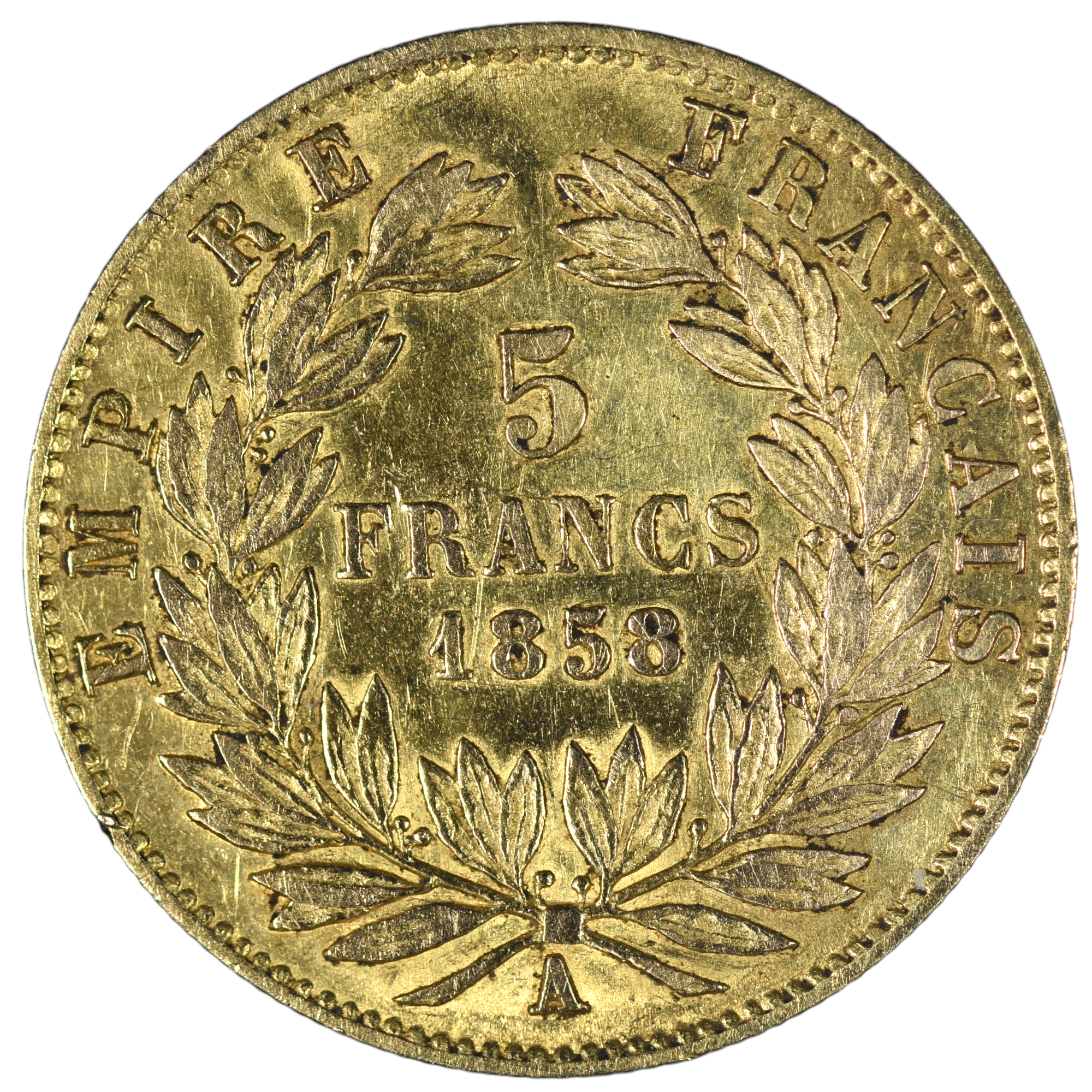 NAPOLEON III 5 FRANCS OR 1858 PARIS REVERS