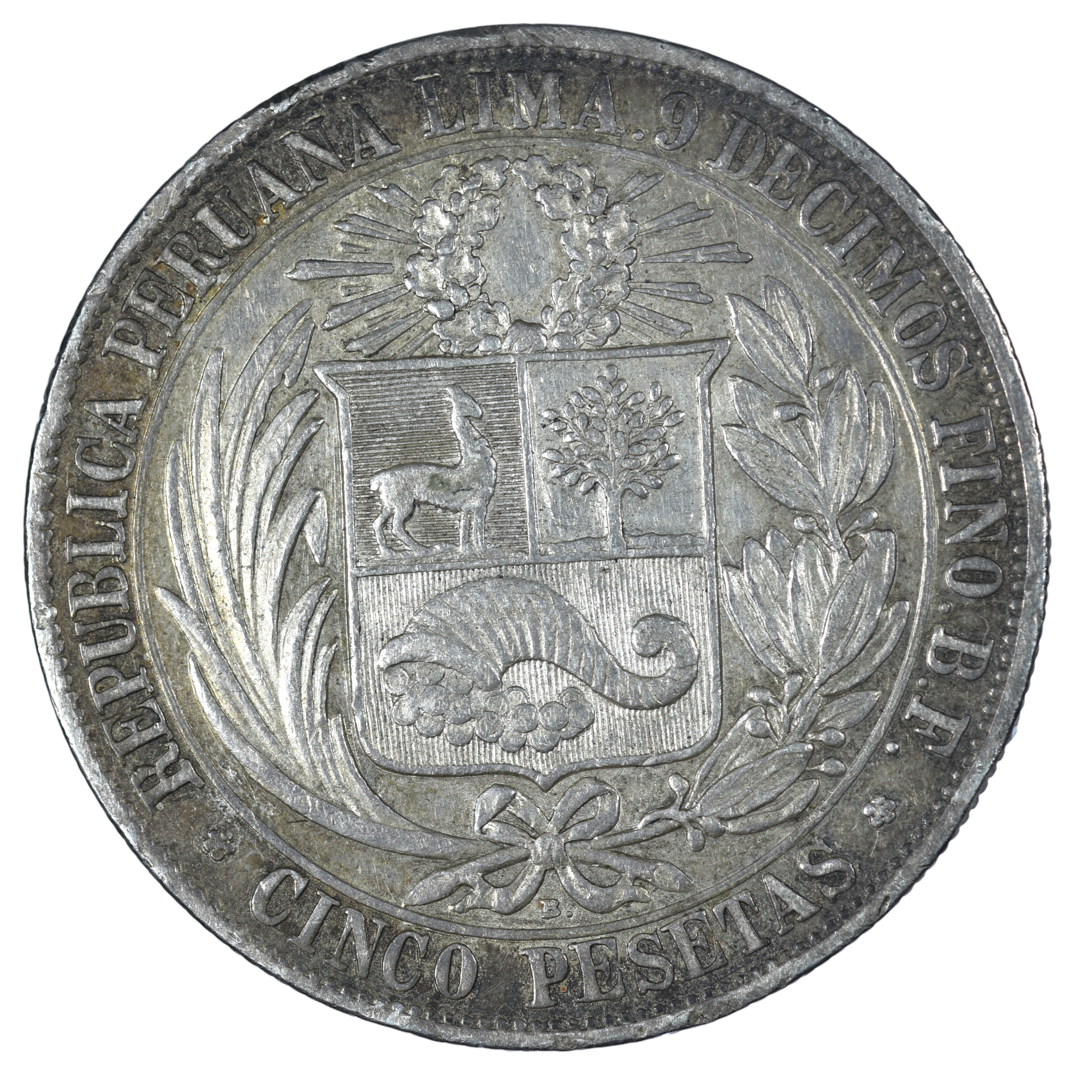 PEROU 5 PESETAS LIMA 1880 REVERS