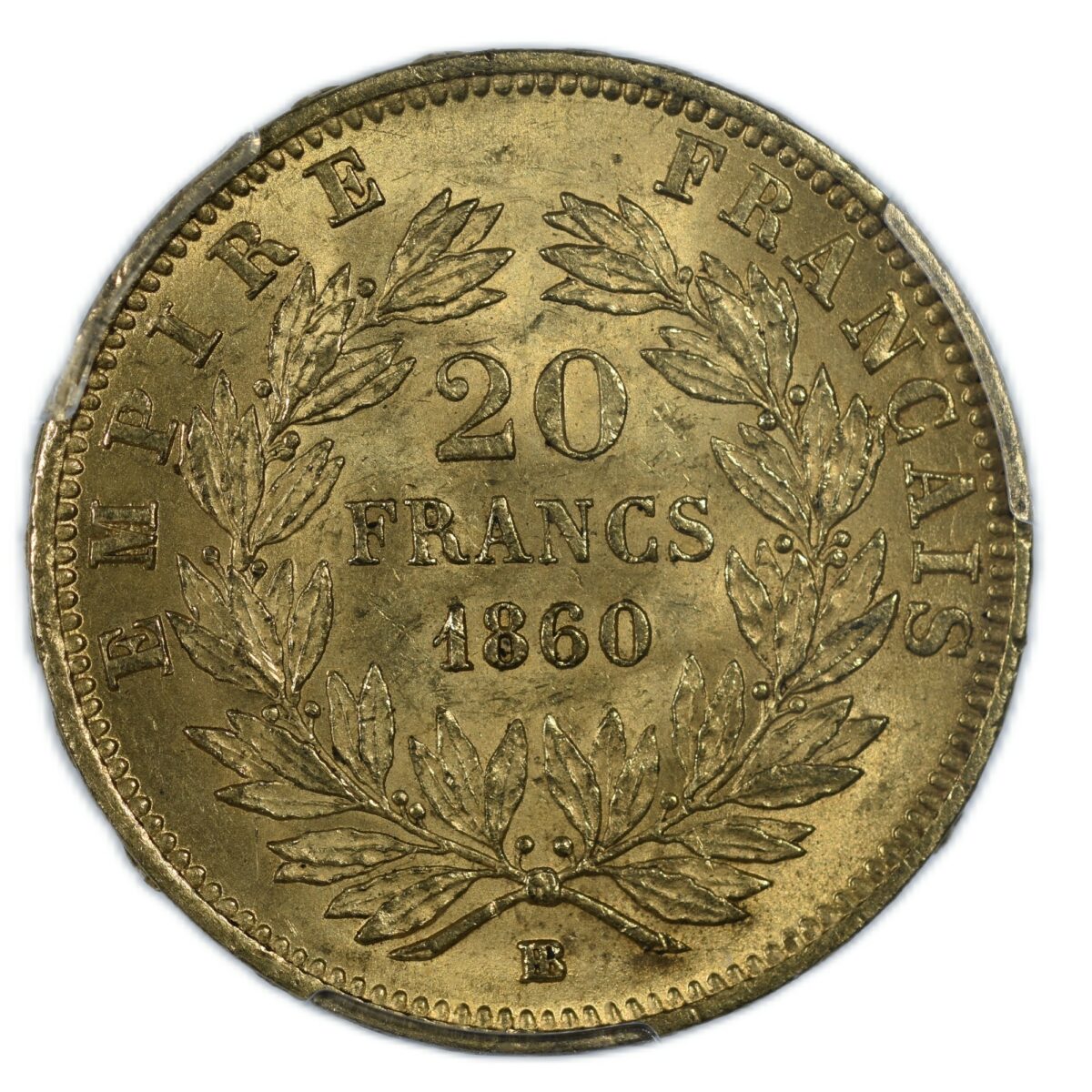 NAPOLEON 20 FRANCS OR 1860 STRASBOURG REVERS PCGS MS 64